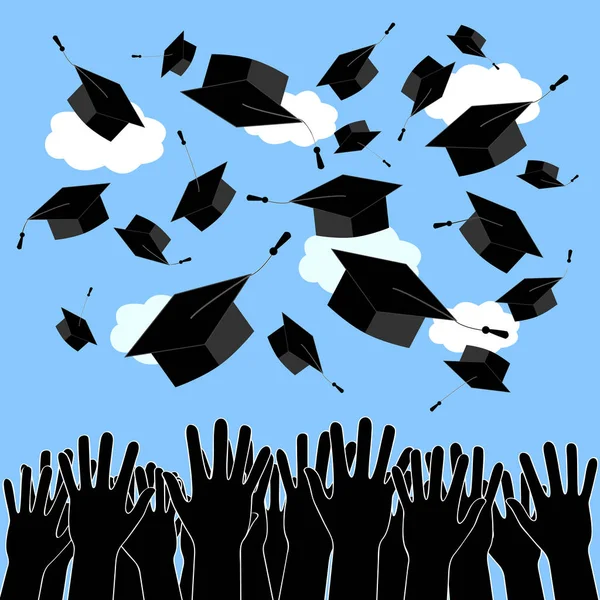 Graduate Hands Throwing Up Graduation Hats. Fondo de la ceremonia de graduación — Vector de stock