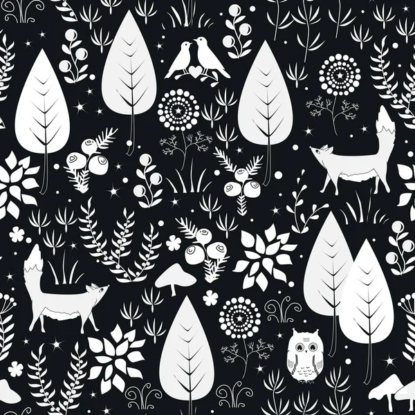 Schattig vector naadloze patroon met bos planten, vogels en vossen silhouetten. Witte en zwarte achtergrond — Stockvector