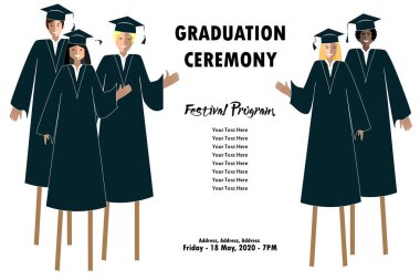 Young students guys and girls banner. Graduation festival border. Happy Graduates on stilts clipart