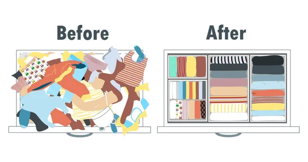 Before and after tidying up kids wardrobe in drawer. Messy clothes and nicely arranged clothes in piles. — Stock Vector