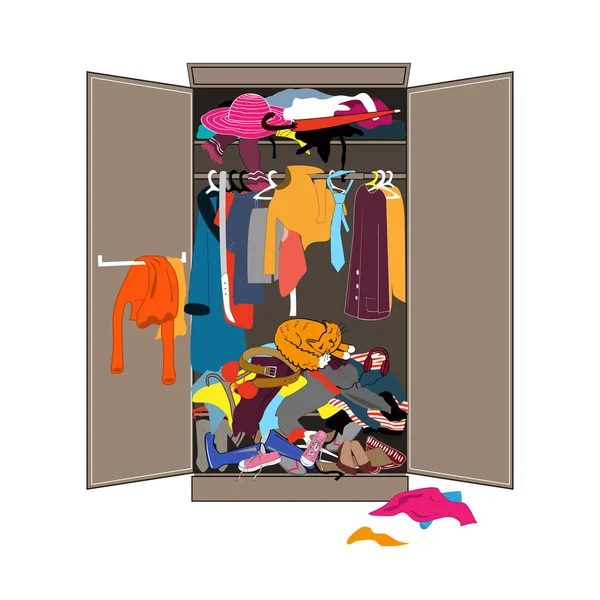 Untidy open woman wardrobe. Closet with messy clothes. Home mess interior. Flat design vector illustration. — Stock Vector