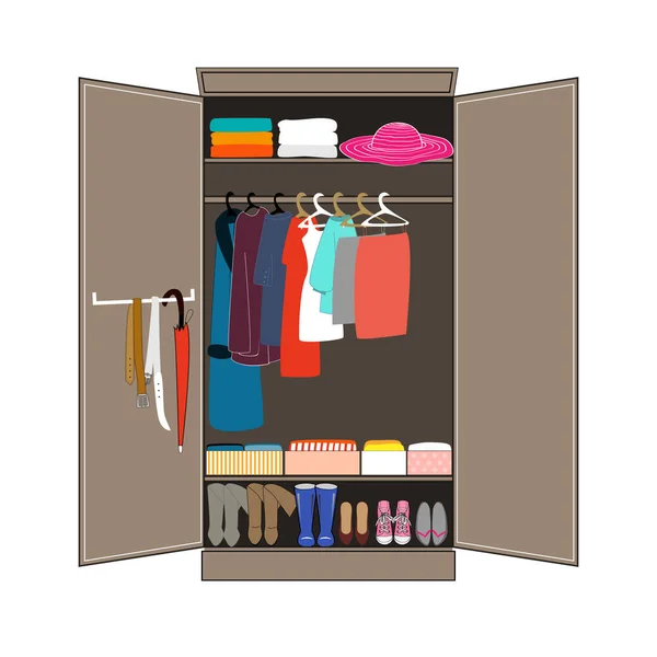 Armario abierto con ropa ordenada. Interior del hogar. Diseño plano vector ilustración . — Archivo Imágenes Vectoriales