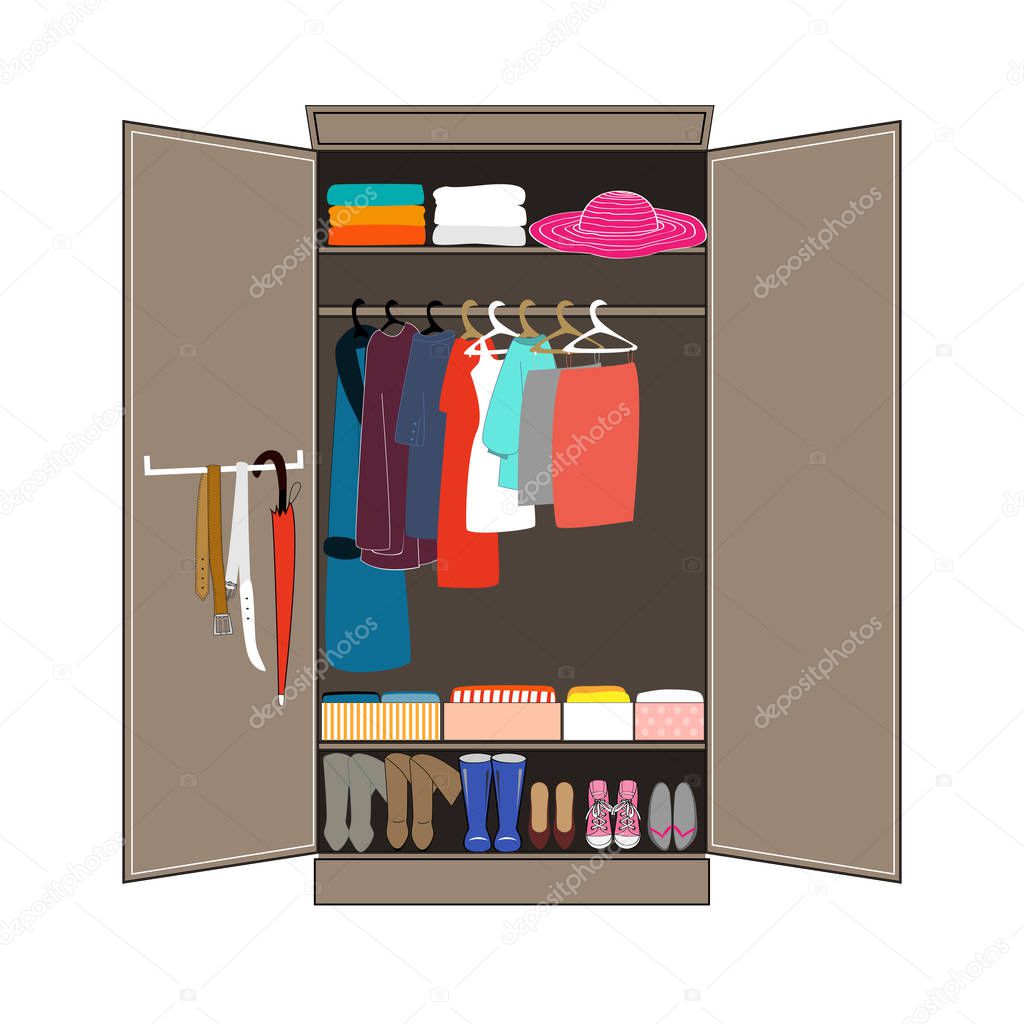 Open wardrobe with tidy clothes. Home interior. Flat design vector illustration.