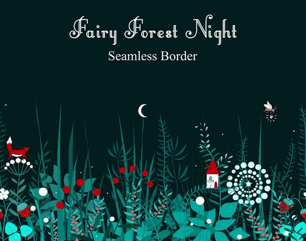 ベクターのシームレスな境界線森林植物と妖精の家。フレーム、装飾的なスコッチ テープ、書籍、子供イラストの背景. — ストックベクタ