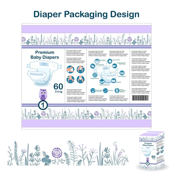 Éléments de conception d'emballage de couches dans le style forêt de gribouillis. Conception de pakaging Nappy pour la taille 1, avec bordure florale et hibou . — Image vectorielle