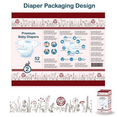 Ambalaj tasarım öğeleri doodle orman tarzda bebek bezi. Nappy pakaging tasarım boyutu 2, çiçek sınır ve tavşan ile için.