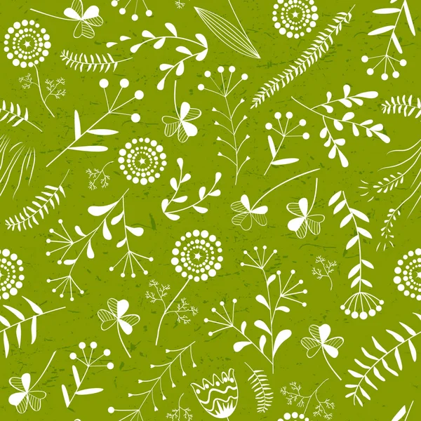 Цветочный вектор бесшовный с дикими травами, лесными цветами и листьями. Винтажный зелёный ботанический фон . — стоковый вектор