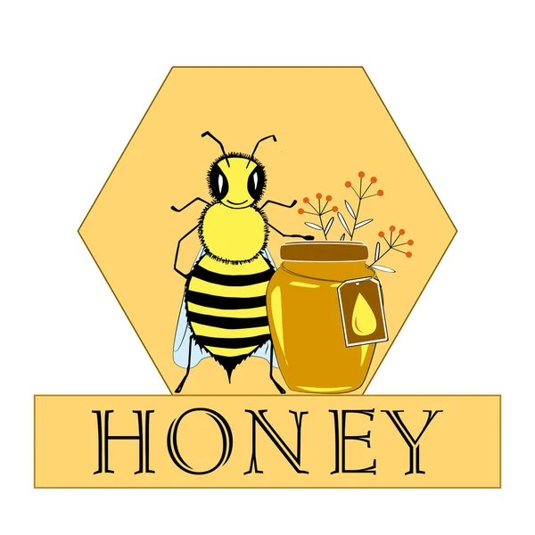 Διάνυσμα μέλι μέλισσα χέρι εικονογραφήσεις βάζο και μέλισσα στην κηρήθρα, λουλούδι αντικείμενα. Banner, αφίσα, ετικέτα, πρότυπο φυλλάδιων για επιχειρήσεις προωθούν. — Διανυσματικό Αρχείο