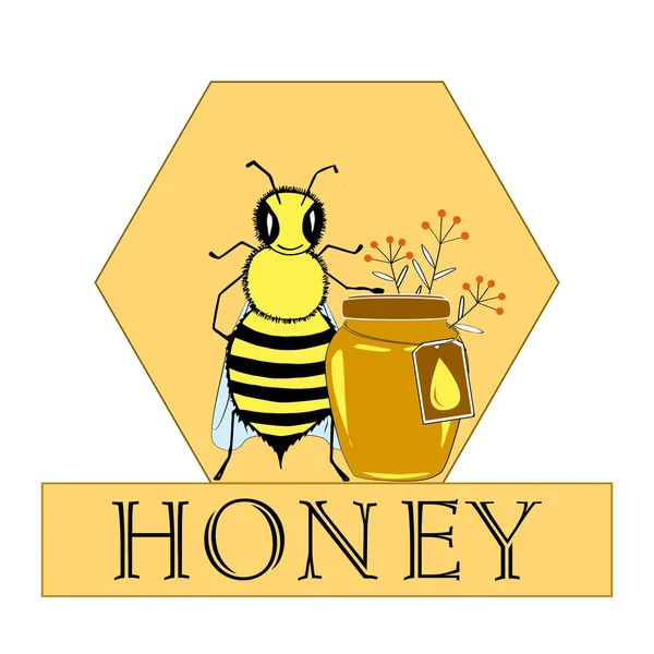 Vector honey bee hand drawn illustrations Jar and bee in honeycomb, flower objects. Banner, poster, label, brochure template for business promote. Royalty Free Stock Illustrations