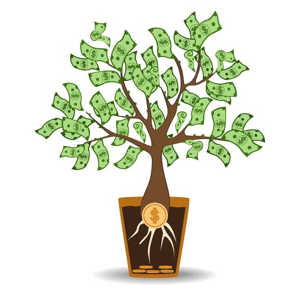 Árbol de dinero que crece de una raíz de moneda. Árbol verde de billetes en efectivo en maceta de cerámica. Estilo plano moderno concepto vector ilustración — Vector de stock