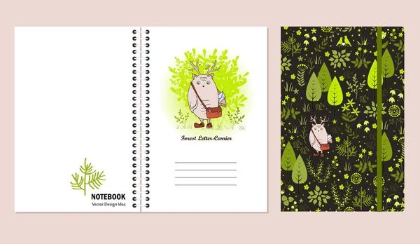 封面设计为笔记本或剪贴簿，嘟嘟森林和可爱的怪物。矢量图. — 图库矢量图片