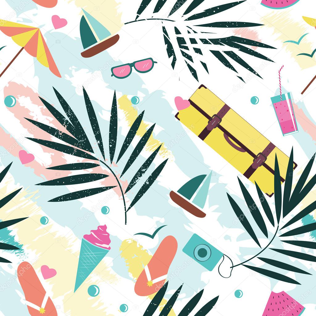 Summer time vector seamless pattern with colorful beach elements isolated on white background. Summer background print.