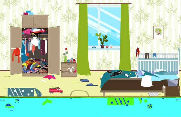 Chaotisches Zimmer, in dem junge Familie mit kleinem Baby lebt. Unaufgeräumter Raum. Cartoon-Chaos im Raum. Ungesammeltes Spielzeug, Dinge. Abbildung zum Reinigungsvektor. — Stockvektor