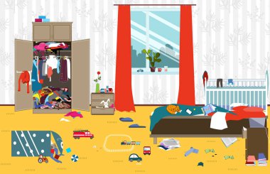 Messy room where young family with little baby lives. Untidy room. Cartoon mess in the room. Uncollected toys, things. Cleaning vector illustration.
