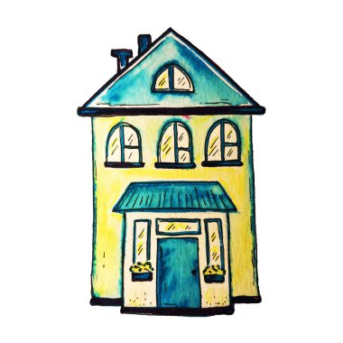 Şirin suluboya evin boyalı. Tatil kartı veya moda tasarımı tebrik için şirin baskı tasarımı için kullanılan.