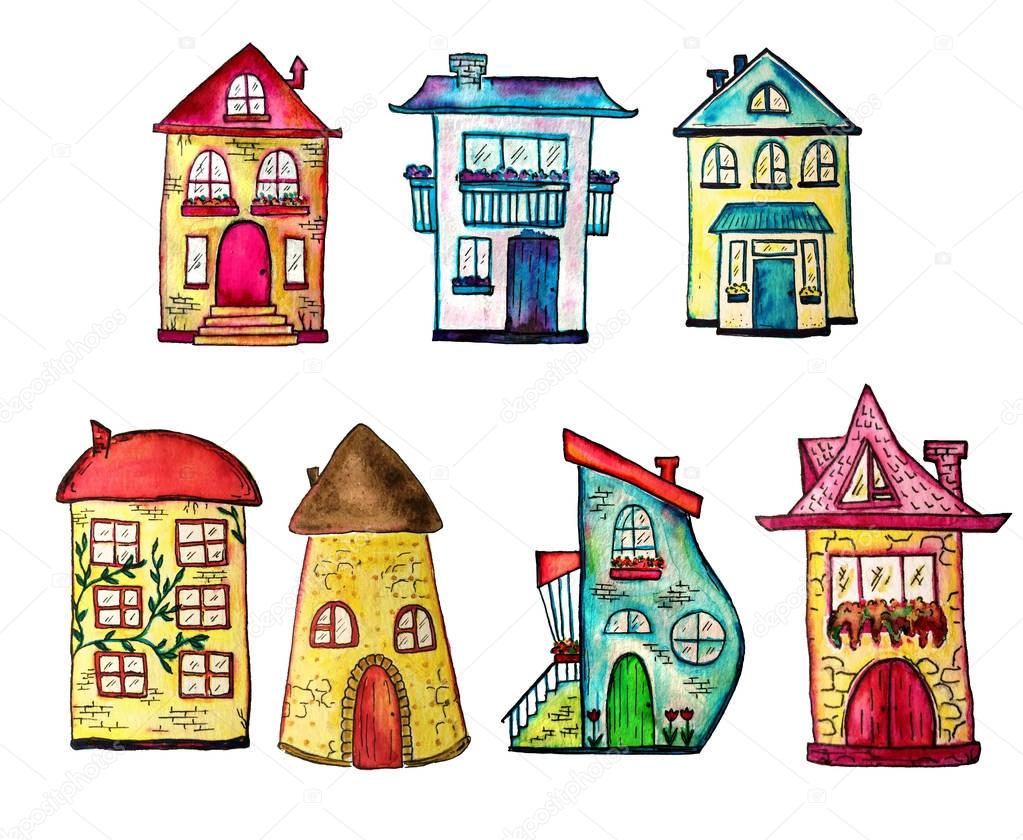Cute watercolor painted houses set. Can be used for cute print design for greeting holiday card or fashion design.