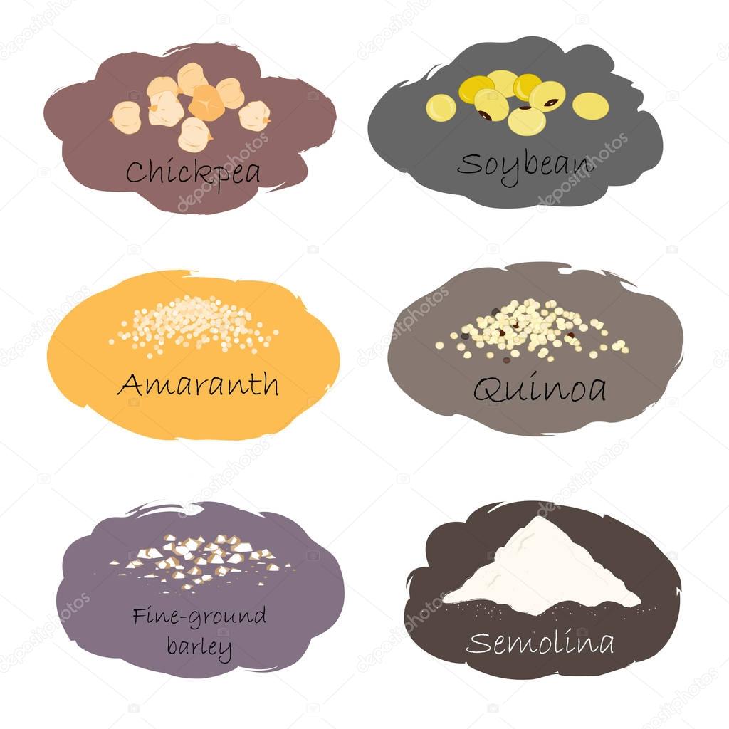 Vector set of cereal and grain emblems. For packing groats, kitchen jar prints, advertising healthy food. Chick-pea, soybean, amaranth, quinoa, semolina, and fine-ground barley