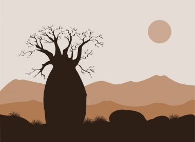 Baobab ağacı peyzaj dağlar arka plan ile. Baobab siluet. Afrika gündoğumu