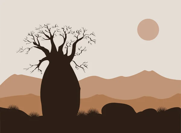 Baobab paisaje del árbol con el fondo de las montañas. Silueta Baobab. Amanecer africano — Vector de stock