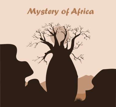 Baobab ağacı, yatay, rock ve dağlar. Baobab siluet. Afrika gizem arka plan