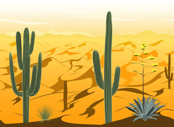 रेगिस्तान परिदृश्य और वेक्टर में कैक्टि सिल्हूट के साथ निर्बाध पैटर्न — स्टॉक फ़ोटो, इमेज
