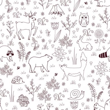 Orman seamless modeli ile sevimli ayı, fox, kirpi, kuşlar, arılar, kelebekler, mantar, baykuş, salyangoz, geyik, duymak ve rakun içinde karikatür tarzı. Çocuklar arka plan