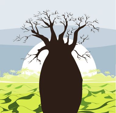Baobab ağacı, yatay, yeşil tepelerin ve güneş. Baobab siluet. Afrika gündoğumu arka plan