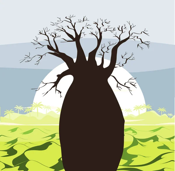 Baobab ağacı, yatay, yeşil tepelerin ve güneş. Baobab siluet. Afrika gündoğumu arka plan — Stok Vektör