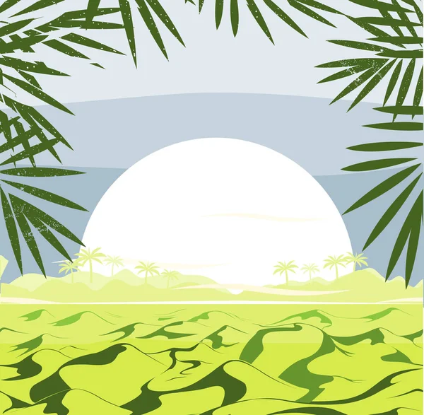 Frame with hills landscape, grass, leaves, and big sun. Vector illustration. — Stock Vector