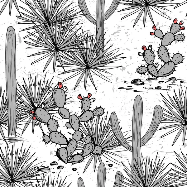 Handgezeichnetes Set mit Saguaro, blauer Agave und Kaktusfeige. Lateinamerikanischer Hintergrund. Illustration mexikanischer Landschaftsvektoren. — Stockvektor