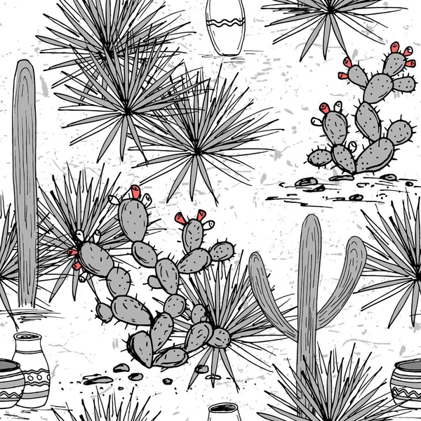 Conjunto desenhado à mão com frascos, saguaro, agave azul e pêra espinhosa. Fundo latino-americano. Paisagem mexicana Ilustração vetorial . — Vetor de Stock