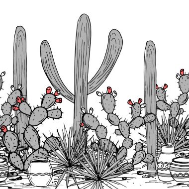 El çekilmiş Dikişsiz desen kavanoz, saguaro, mavi agav ve ve inciri. Latin Amerika arka plan. Meksika manzara vektör çizim.