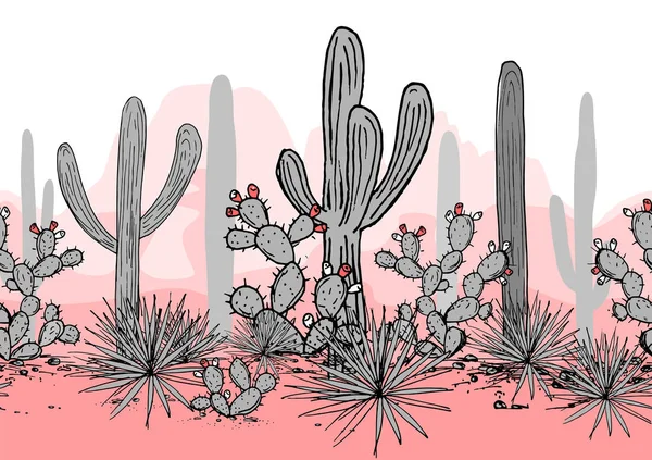 Handgezeichnetes nahtloses Muster mit Bergen, Saguaro, blauer Agave und Kaktusfeige. Lateinamerikanischer Hintergrund. Illustration mexikanischer Landschaftsvektoren. — Stockvektor