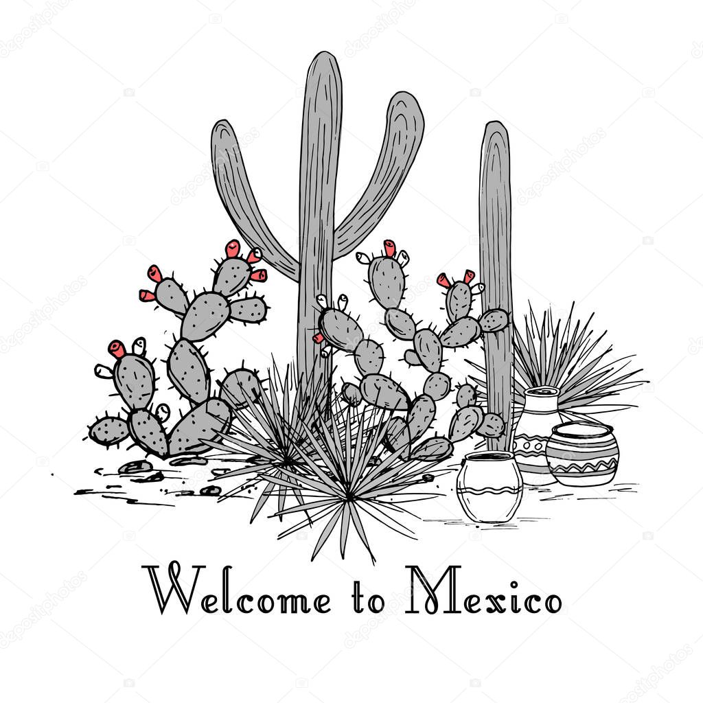 Cacti group. Prickly pear cactus, blue agaves, and saguaro. Welcome to Mexico card. Vector illustration. Mountains background