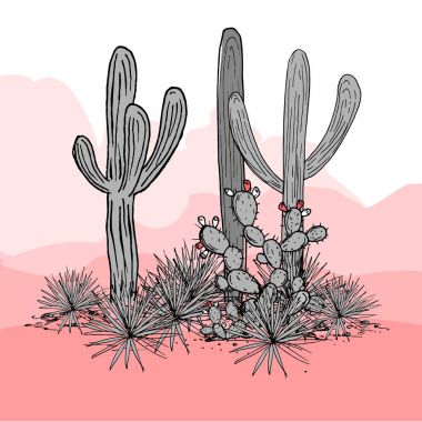 Kaktüsler grubu. Kaktüs inciri, mavi Agav'lar ve saguaro. Meksika el çekilmiş kartı. Vektör çizim. Şık paleti. Dağlar arka plan