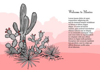 Kaktüsler grubu. Kaktüs inciri, mavi Agav'lar ve saguaro. Meksika el çekilmiş kartı. Vektör çizim. Şık paleti. Dağlar arka plan.