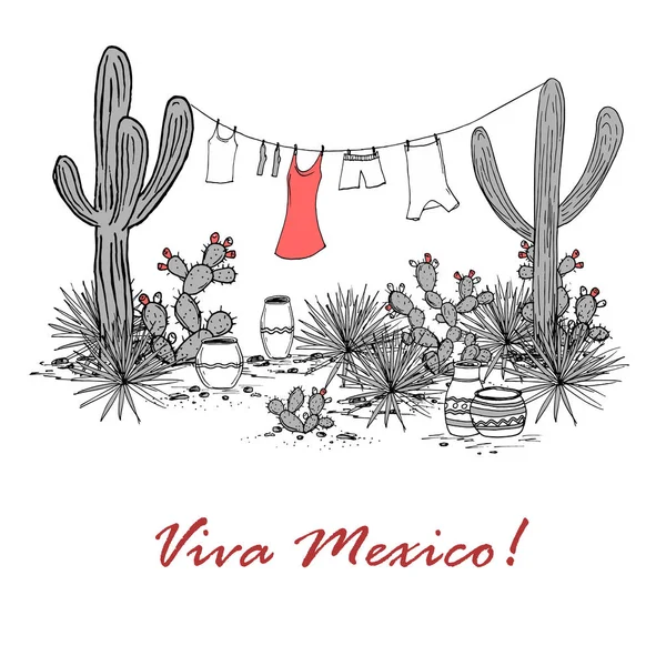 Lustige handgezeichnete Illustration mit Gläsern, Saguaro, blauer Agave, Kaktusfeige und Wäsche, die an einer Wäscheleine hängt. Lateinamerikanischer Hintergrund. Viva Mexico Vektor. — Stockvektor