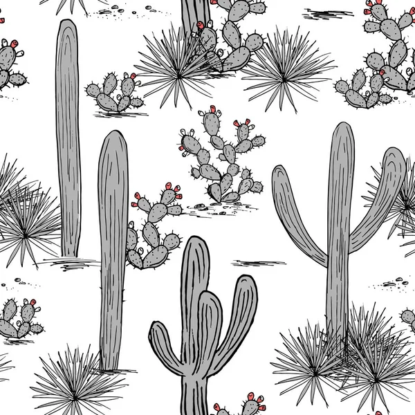 Conjunto desenhado à mão com saguaro, agave azul e pêra espinhosa. Fundo latino-americano. Paisagem mexicana Ilustração vetorial . — Vetor de Stock