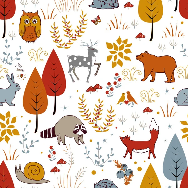 かわいいベクター森林植物、鳥、熊、鹿、タヌキ、キツネとのシームレスなパターン。子供秋の背景 — ストックベクタ