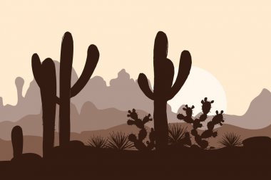 Sabah yatay saguaro kaktüs inciri ve Agav'lar Dağları'nda. Vektör çizim. Şirin kahverengi paleti