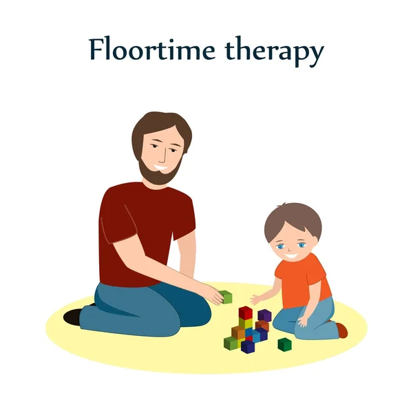 Malý chlapec a jeho otec sedí na podlaze a hraní s kostkami. Floortime terapie technika, používaná pro výuku dětí, zejména pro děti s Asd nebo autismu — Stockový vektor