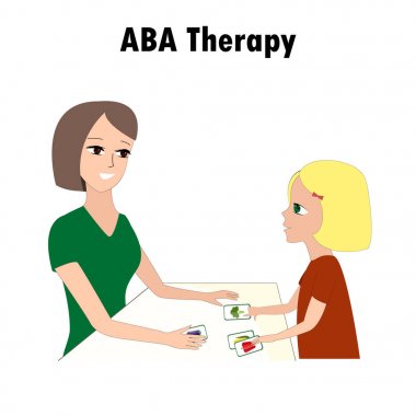 Woman and girl pointing ABA activities cards. One of autism treatment method. Little kid and instructor. clipart