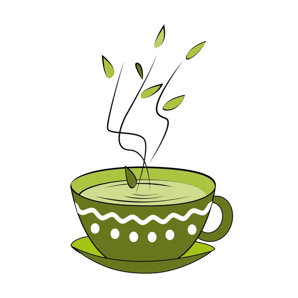 Xícara de chá verde. Ilustração vetorial. Chá quente em xícara ornamentada — Vetor de Stock
