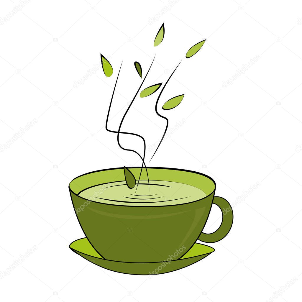 Green tea cup. Vector illustration. Hot smelling tea in ceramic cup