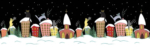漫画のクリスマス雪の結晶を見て屋根の上に座っているシルエットの猫とシームレスなデザイン — ストックベクタ