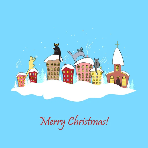 Diseño de tarjetas de Navidad de dibujos animados con gatos en siluetas sentados en la parte superior del techo viendo copos de nieve — Vector de stock