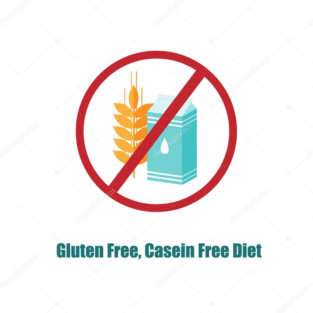 Gluten and Casein free icon. Crosed sign with pack of milk and wheat ear. Symbol of diet that could be helpful for people with autism, epilepsy, schizophrenia, and other brain problems