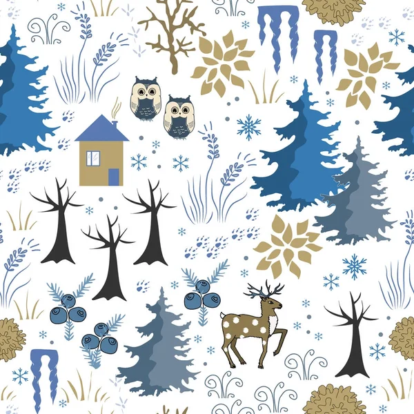 Awesome winter naadloze patroon met woonhuis in bos. Stijlvolle bruine en blauwe vakantie achtergrond. Samenstelling van de winter voor prachtige vakantie ontwerpen — Stockvector