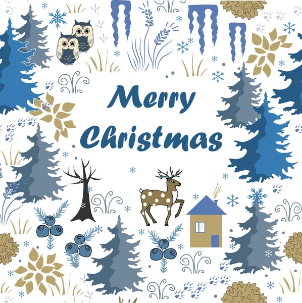 Impresionante tarjeta de Navidad de invierno Feliz con casa en el bosque. Fondo de vacaciones marrón y azul con estilo. Composición de invierno para diseños navideños encantadores — Vector de stock