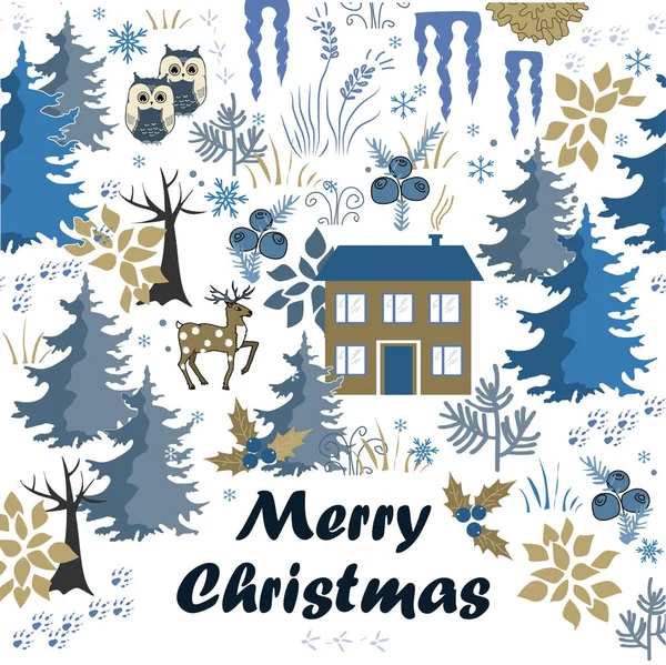 Impresionante tarjeta de Navidad de invierno Feliz con casa en el bosque. Fondo de vacaciones marrón y azul con estilo. Composición de invierno para diseños navideños encantadores — Vector de stock